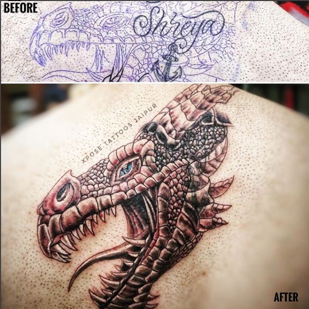 Cover up Tattoo by a dragon done at Xpose Tattoos jaipur